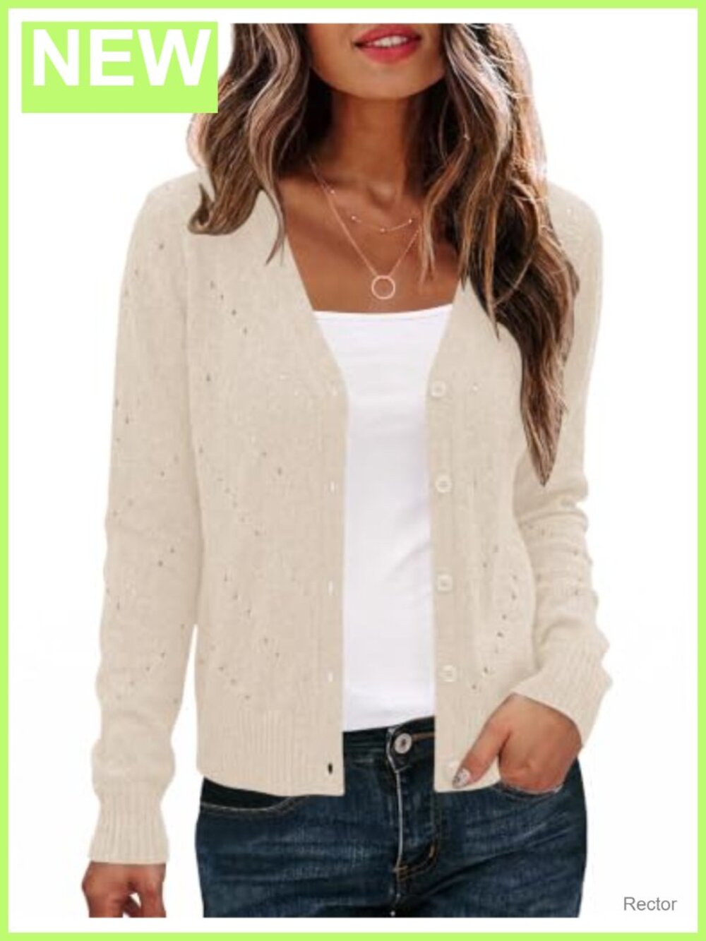 Women's Crochet Open Front Cardigan V-Neck Button Front Lightweight Knit